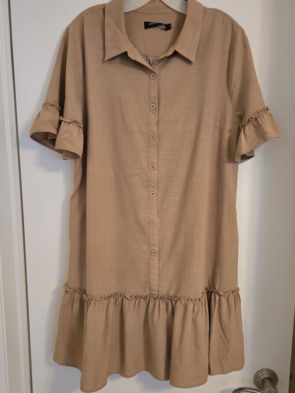 Ruffle-Hem Button Front Mini Dress in Taupe - Picture 1 of 6